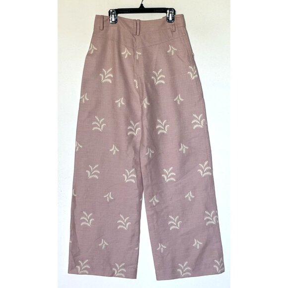 New Zara Pink Linen Blend Floral Embroidered High Rise Wide Leg Boho Pants - Picture 3 of 11